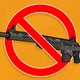 A large rifle sits on an orange background with red x in front of it.